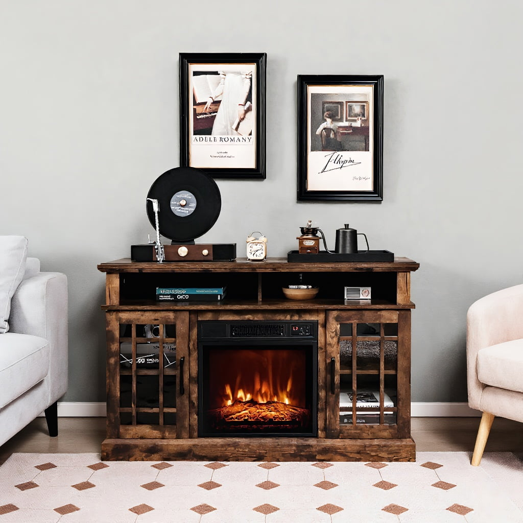 Resenkos 48 Inch Electric Fireplace TV Stand with Cabinets for TVs Up to 55 Inch-Brown, Mid Century Modern TV Stand for Living Room Bedroom
