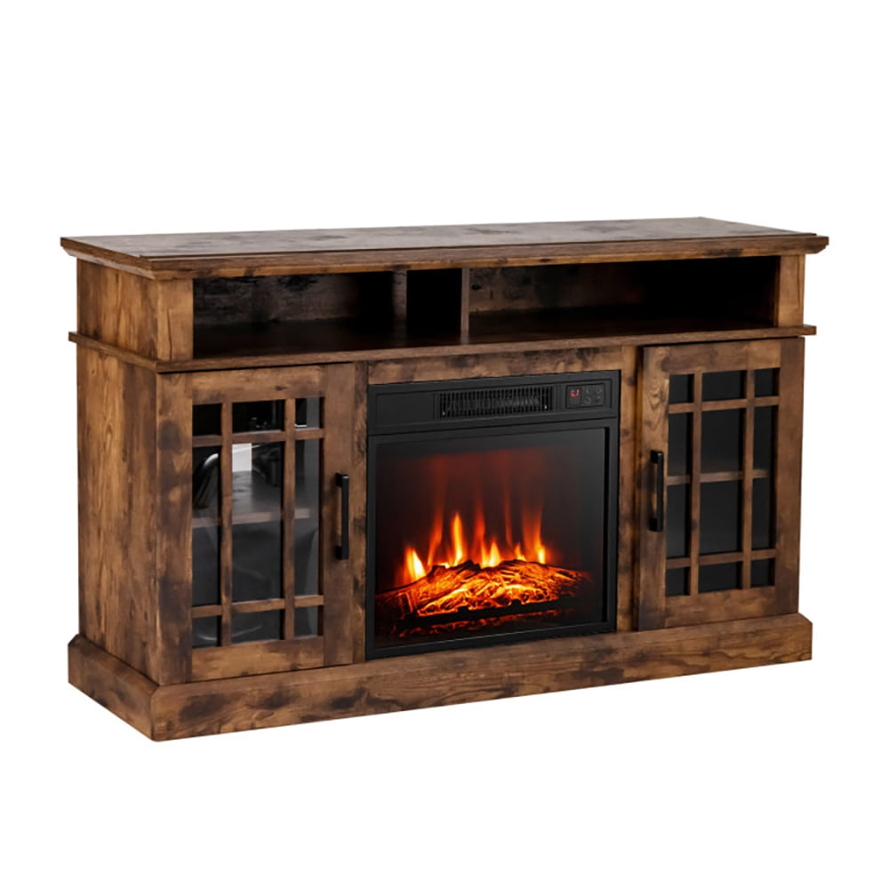 Resenkos 48 Inch Electric Fireplace TV Stand with Cabinets for TVs Up to 55 Inch-Brown, Mid Century Modern TV Stand for Living Room Bedroom