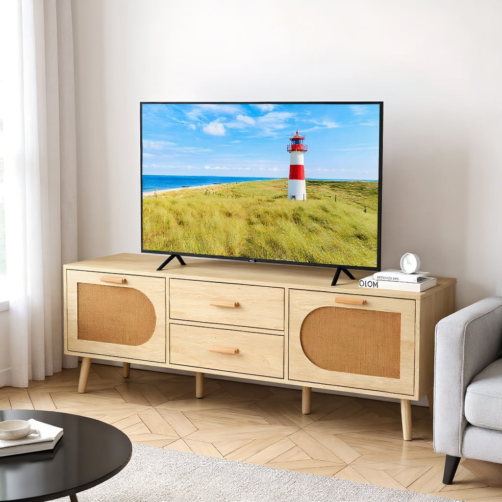 Resenkos Entertainment TV Stand,Entertainment CenterRattan TV Stand for 65-Inch TV with Drawers and Solid Wood Legs-Natural