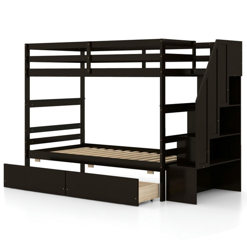 Kepooman Bed Frame, Bed Frame Mattress Foundation,Twin Over Twin Bunk Bed with Storage Stairs and Drawers-Coffee