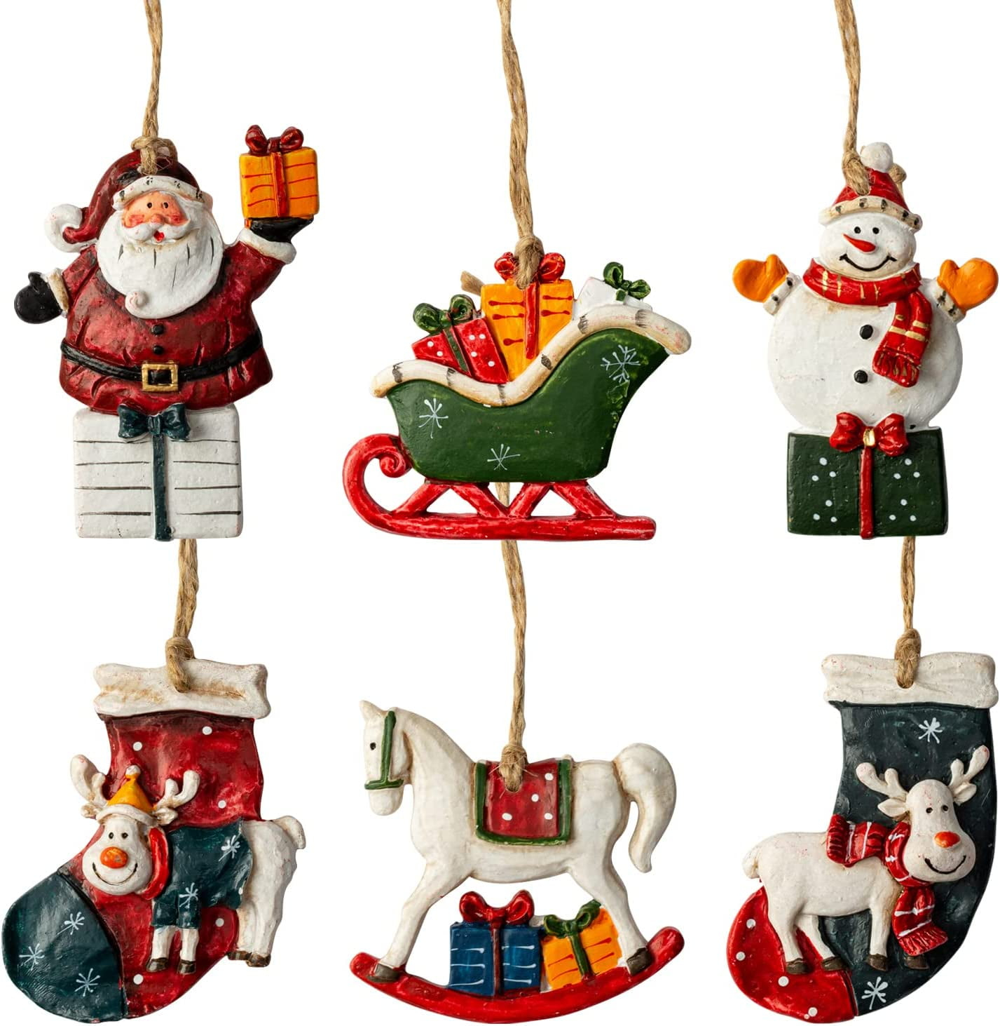 Resin Christmas Tree Ornaments 6-Pack Xmas Hanging Ornaments Santa Snowman Christmas Stocking Sleigh Ornaments for Christmas Tree Holiday Decorations, Outdoor Holiday Home Decorations
