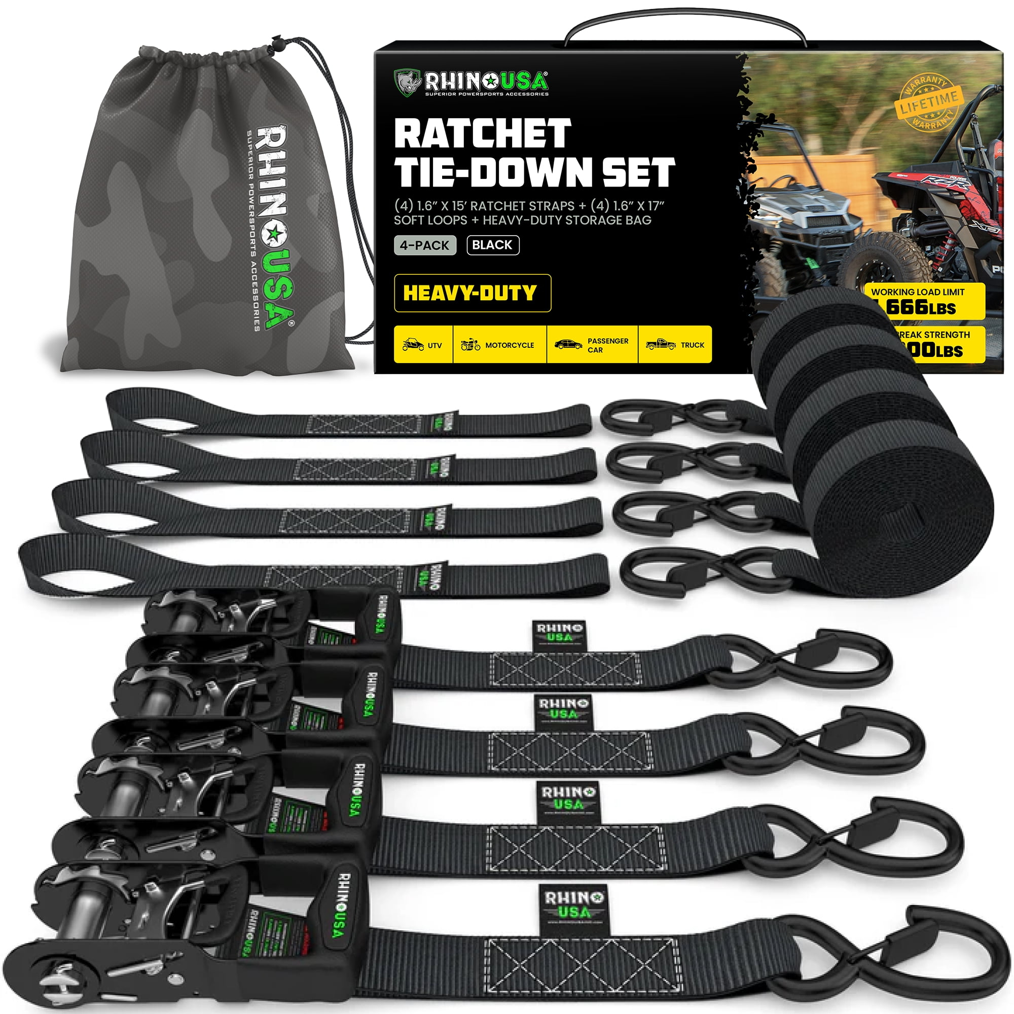 Rhino USA 1.6" x 15' Ratchet Strap Heavy Duty Kit w/ Safety S Hooks - 5,208lb Break Strength (Black 4pc)