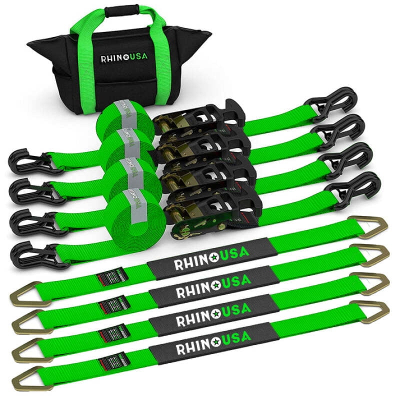 Rhino USA Car Tie Down Straps for Trailers w/ J Hooks - 2" x 8' (10,000lb Break Strength) 4pc Green