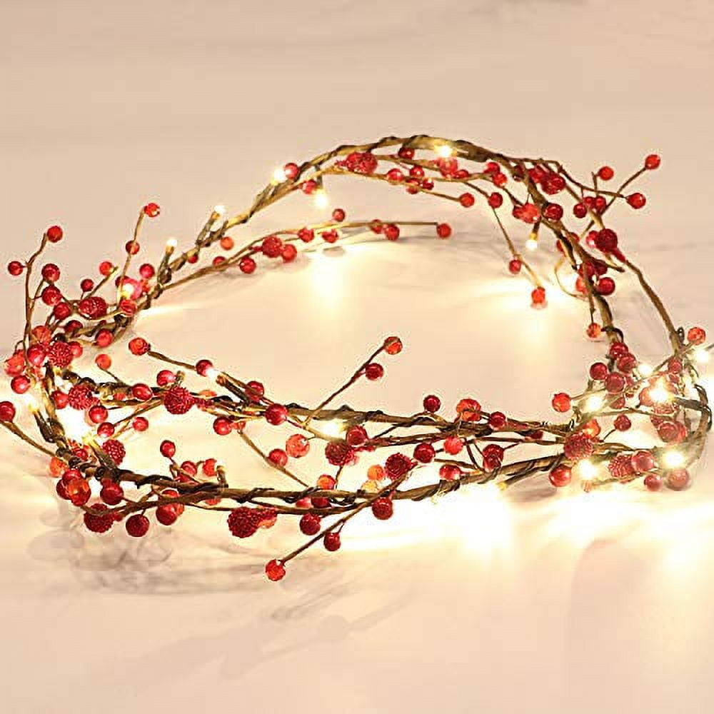 Rhytsing Red Berry Garland with 30 LED Lights, Battery Operated  with Timer Function for Christmas - 5.9FT