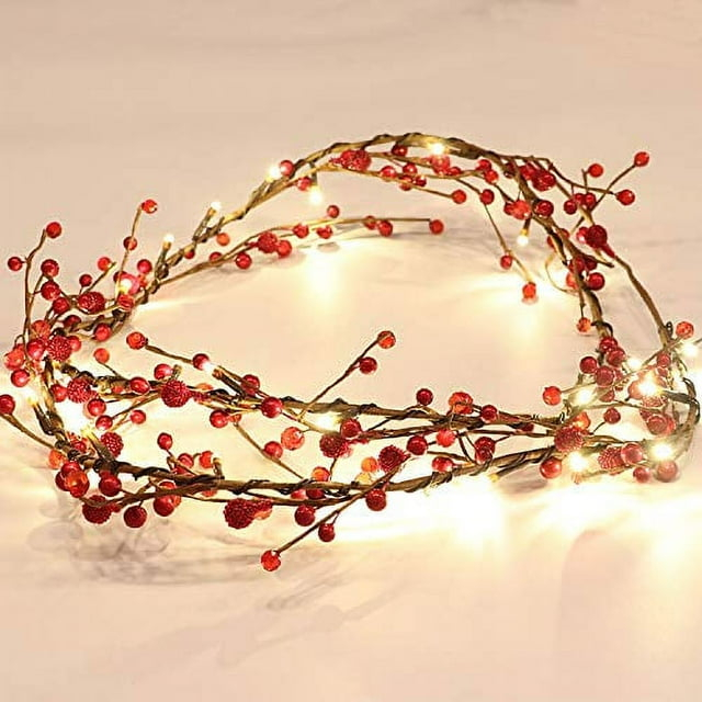 Rhytsing Red Berry Garland with 30 LED Lights, Battery Operated  with Timer Function for Christmas - 5.9FT