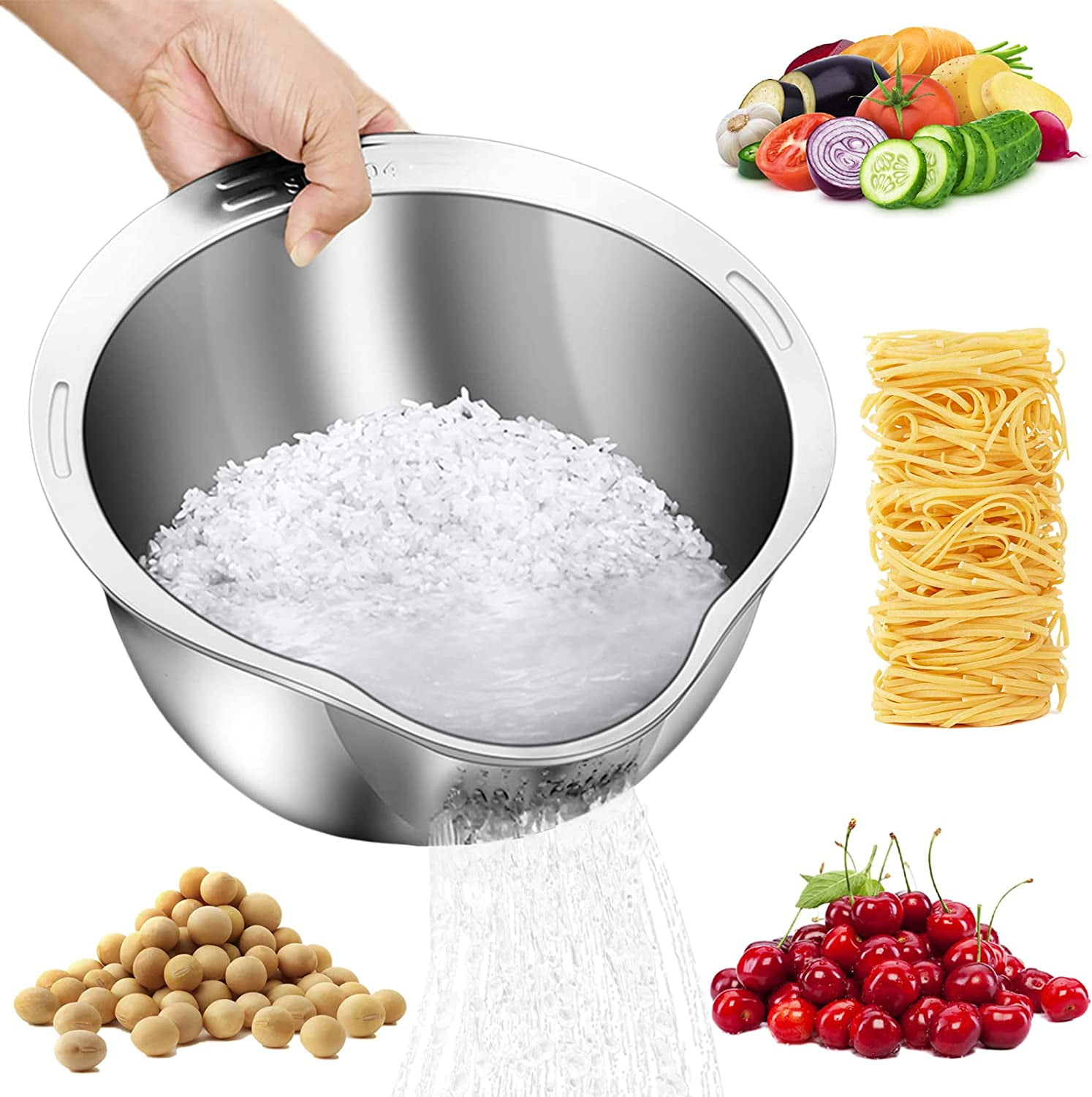 Rice Washer Strainer Bowl - 4-in-1 Washing Bowl for Quinoa, Stainless Steel Rinser With Side Drainers Small Colander for Cleaning Fruits, Vegetables, and Beans - Versatile Kitchen Tool Rice Washing