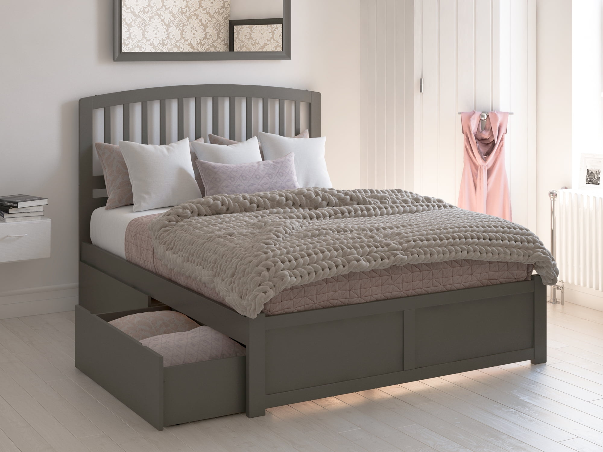 Richmond Queen Platform Bed with Flat Panel Foot Board and 2 Urban Bed Drawers in Grey
