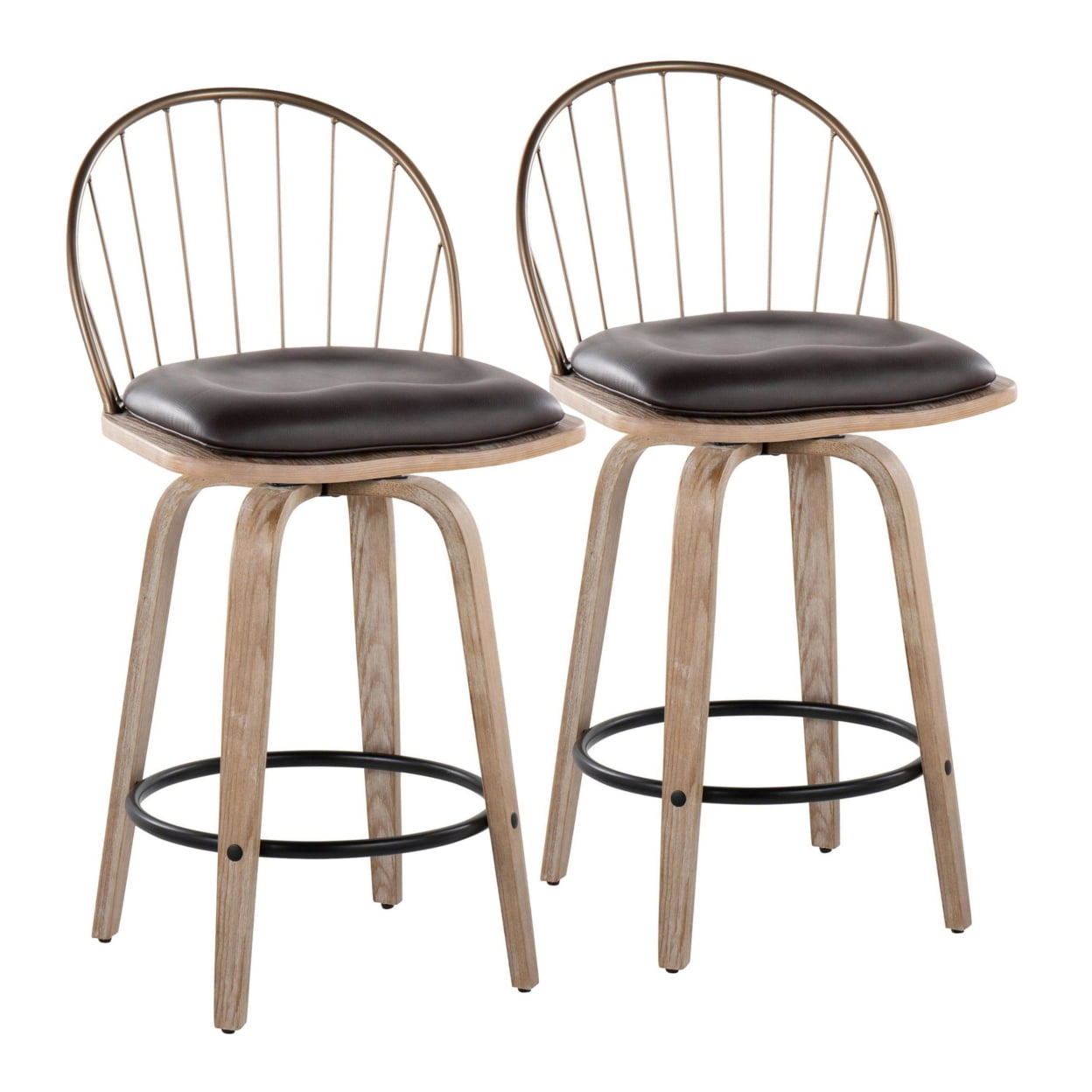 Riley 26" Farmhouse Fixed-Height Counter Stool In White Washed Wood, Antique Copper Metal - Set Of 2