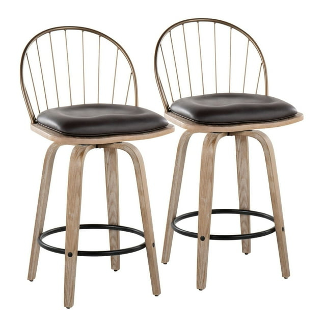Riley 26" Farmhouse Fixed-Height Counter Stool In White Washed Wood, Antique Copper Metal - Set Of 2