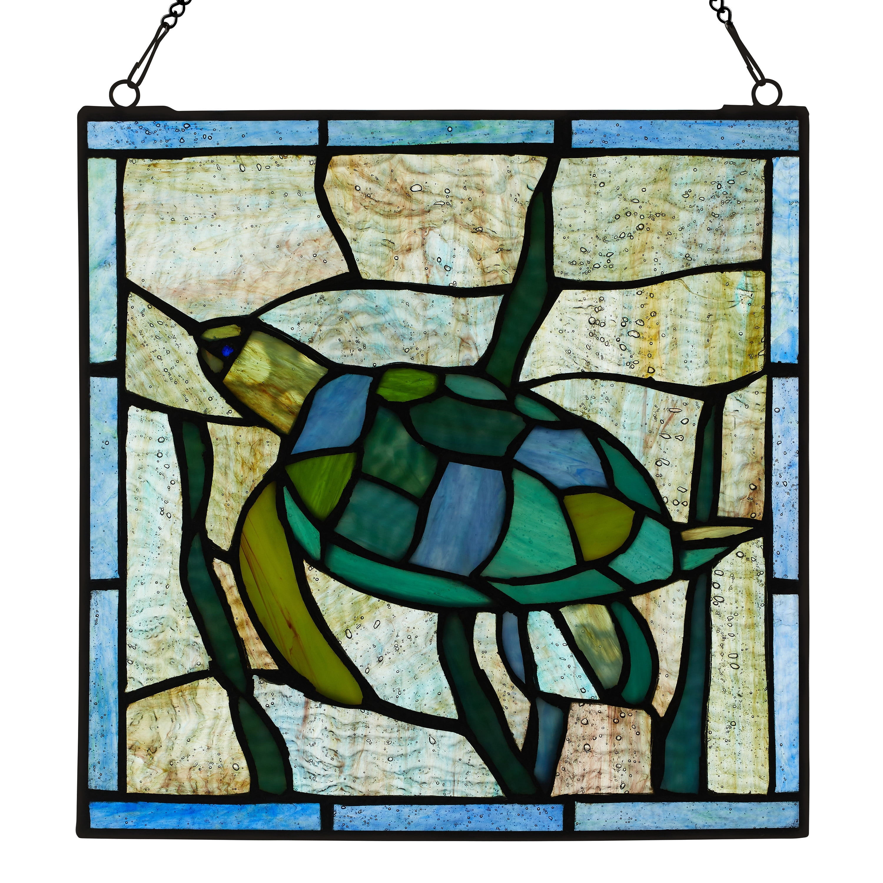 River of Goods  Serene Sea Turtle  Blue, Green and Teal Stained Glass Window Panel - 10" x 0.25" x 10.5"