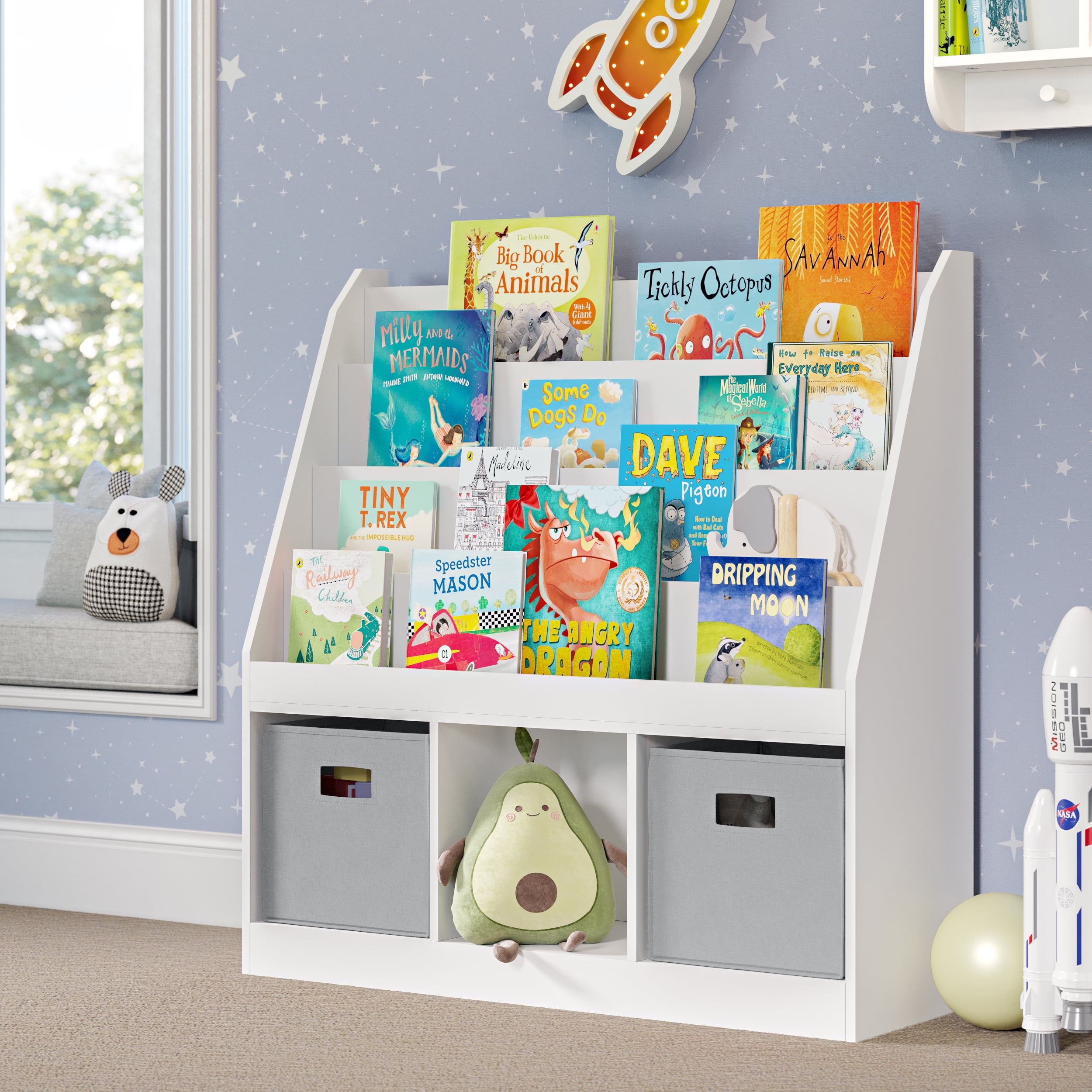 RiverRidge Kids Playroom Bookrack with 3 Toy Organizer Cubbies and 4 Book Shelves - White with 2 Gray Fabric Bins