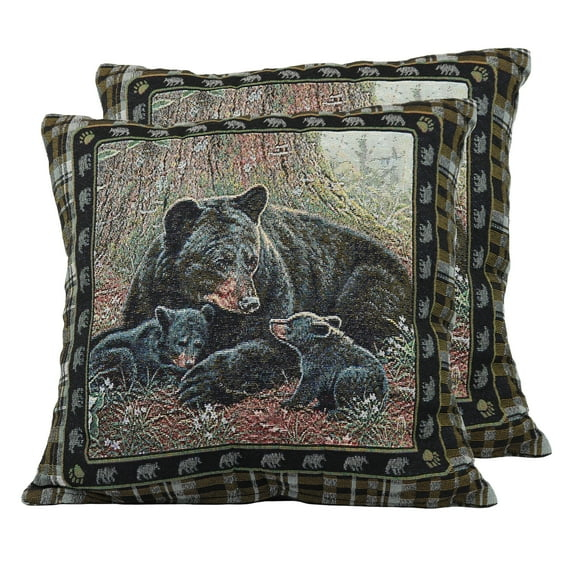 Bear Woodland Scene 18" Square Tapestry Throw Pillows Set