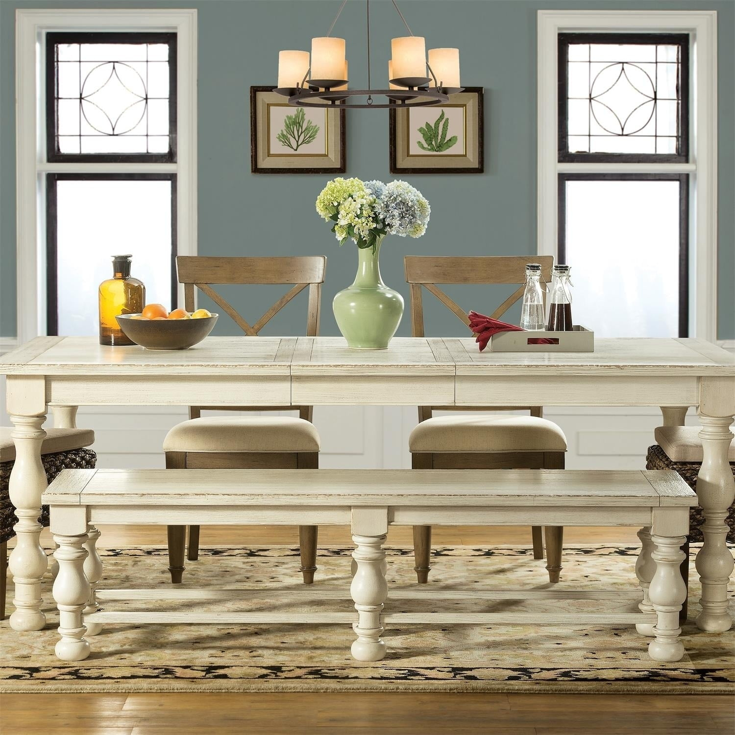 Riverside Furniture Aberdeen 68" Wood Dining Bench in Weathered Worn White