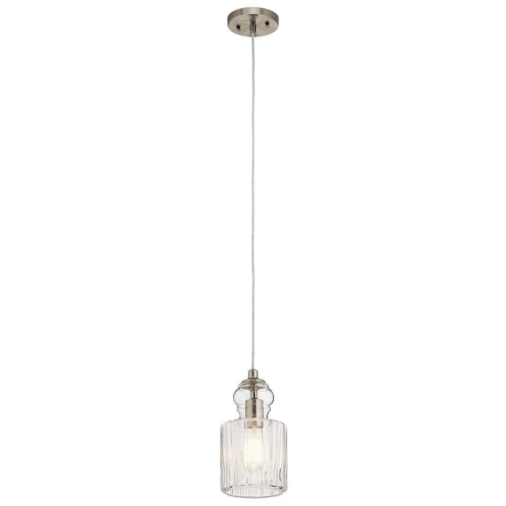 Riviera 10.75 in. 1-Light Brushed Nickel Transitional Shaded Kitchen Mini Pendant Hanging Light with Clear Ribbed Glass
