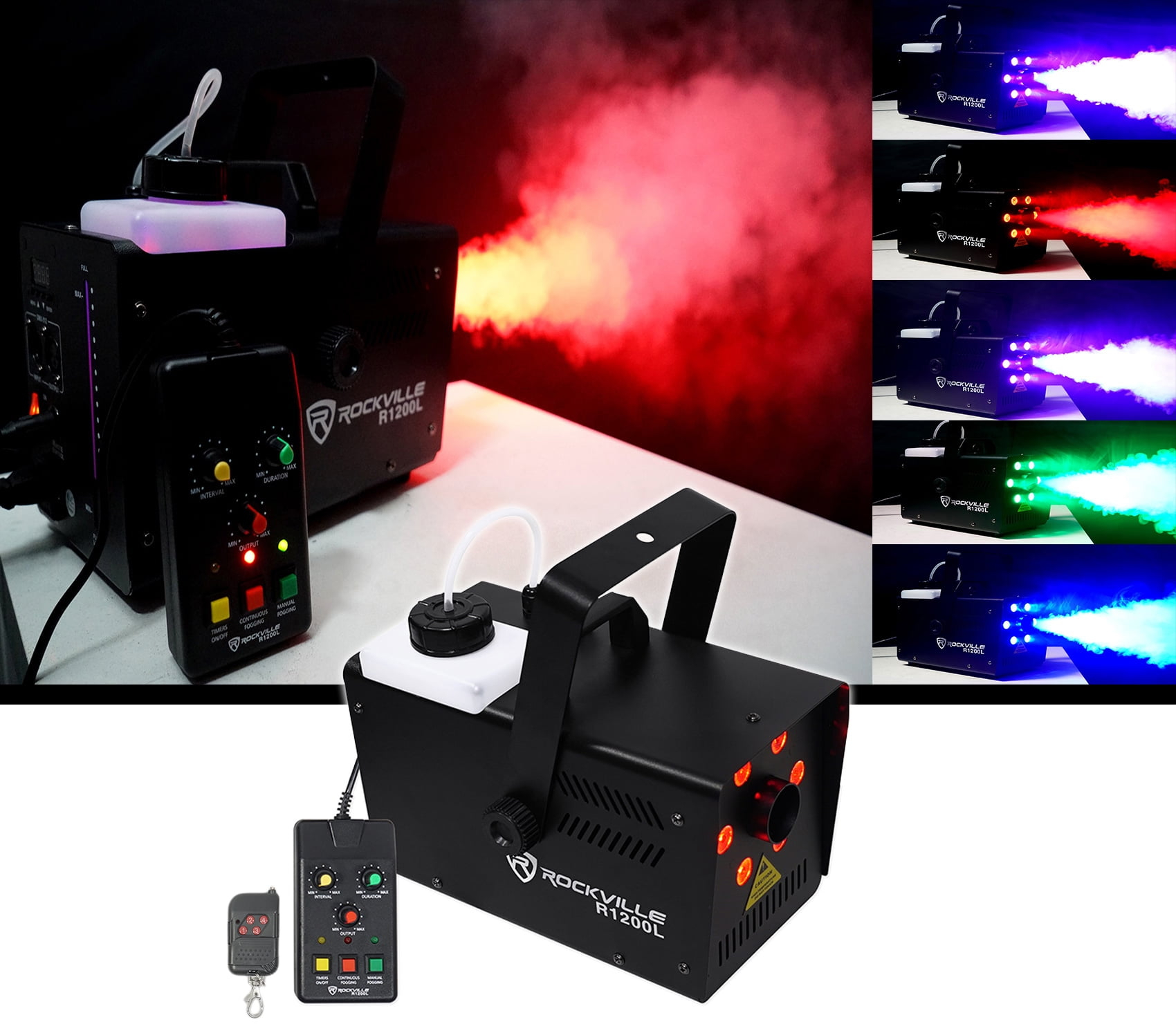 Rockville R1200L Fog/Smoke Machine w LED Lights/Strobe, 7 Channel DMX+2 Remotes