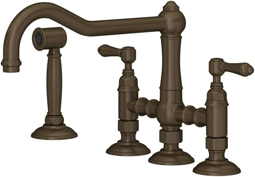 Rohl Italian Kitchen Acqui Three Leg Bridge Faucet With Metal Levers Sidespray And 9" Reach Column Spout In Tuscan Brass
