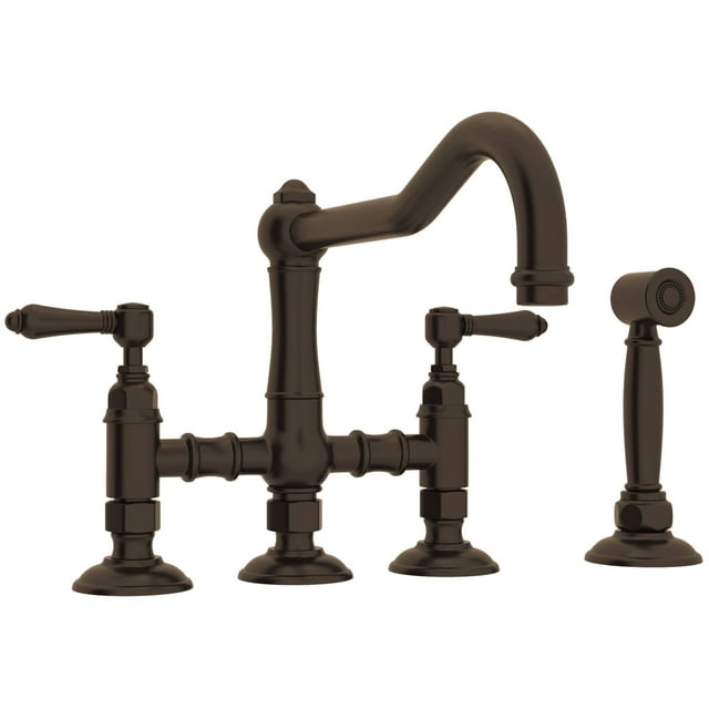 Rohl Italian Kitchen Acqui Three Leg Bridge Faucet With Metal Levers Sidespray And 9" Reach Column Spout In Tuscan Brass