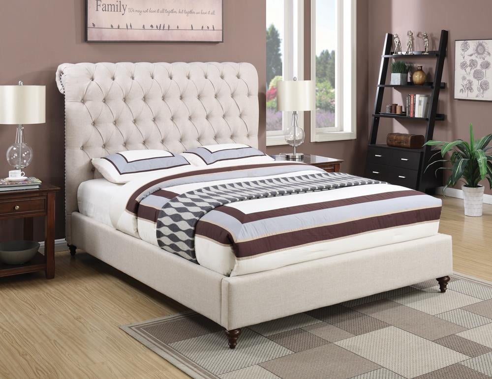 Rolled Headboard Queen Bed in Beige Fabric