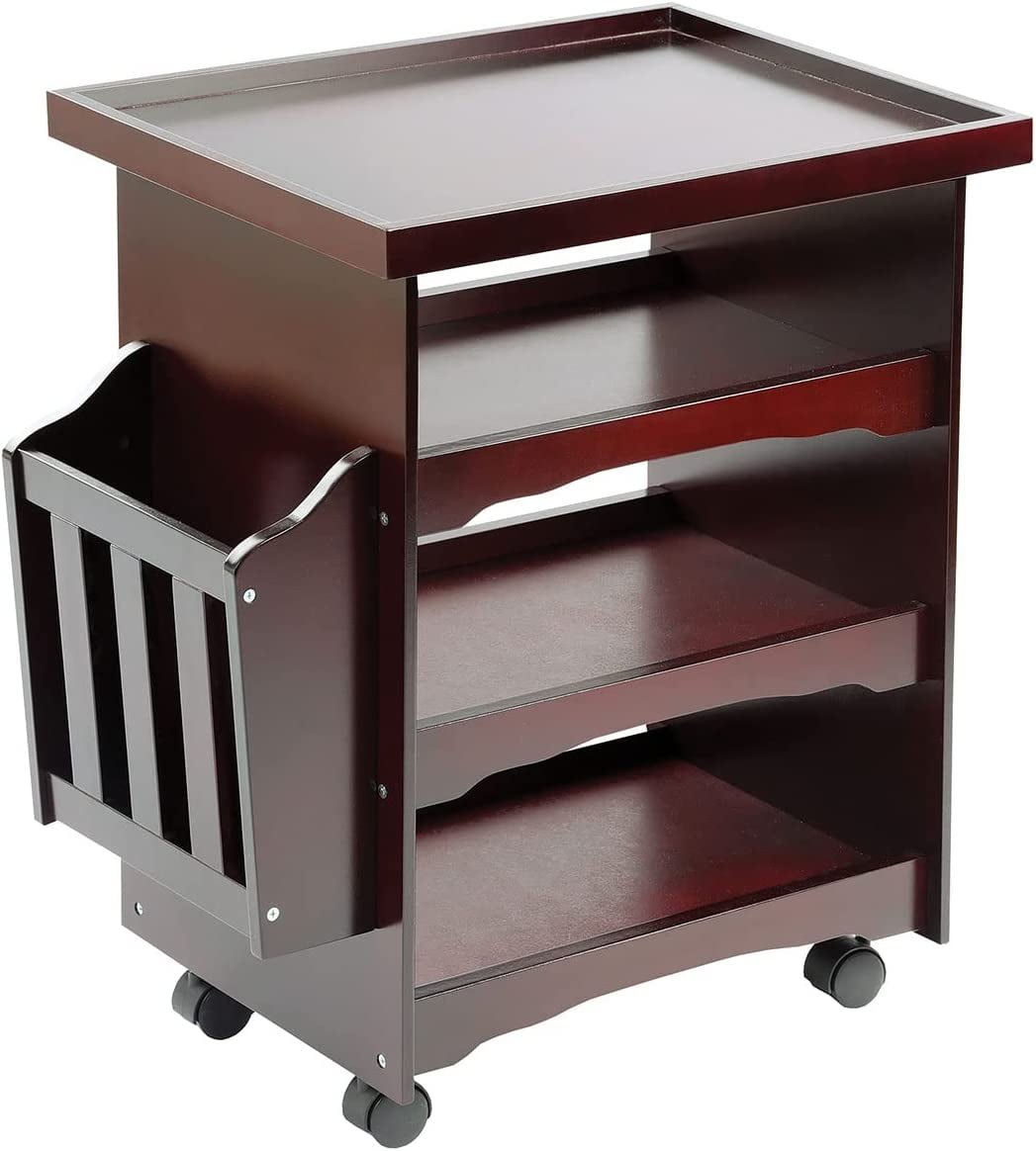 ETNA Rolling Bar Cart Multipurpose End Table with Wheels Narrow Side Table with Magazine Rack, Mahogany Wood Finish, 24" H x 21" L x 14" W
