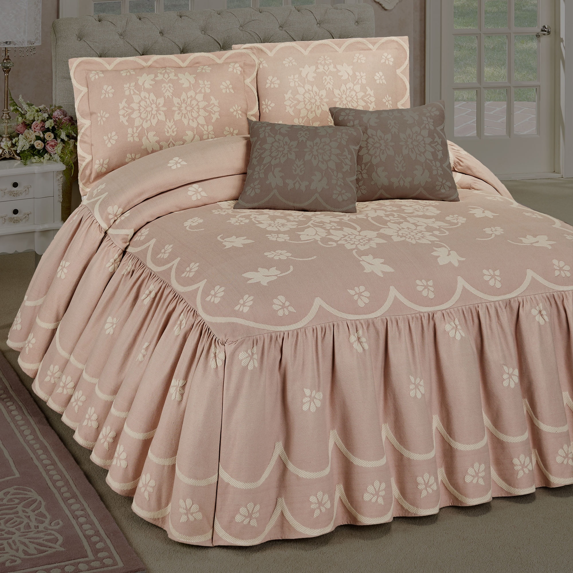 Romantic Floral Primrose Oversized Grande Dusty Rose Flounce Style Bedspread Set Full