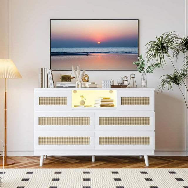Bay Isle Home™ Rattan Dresser for Bedroom with 6 Drawers, Natural Wood Durable Dressers & Chests of Drawers with LED Light and Charging Station, TV Stand, Nursery, Entryway, Hallway