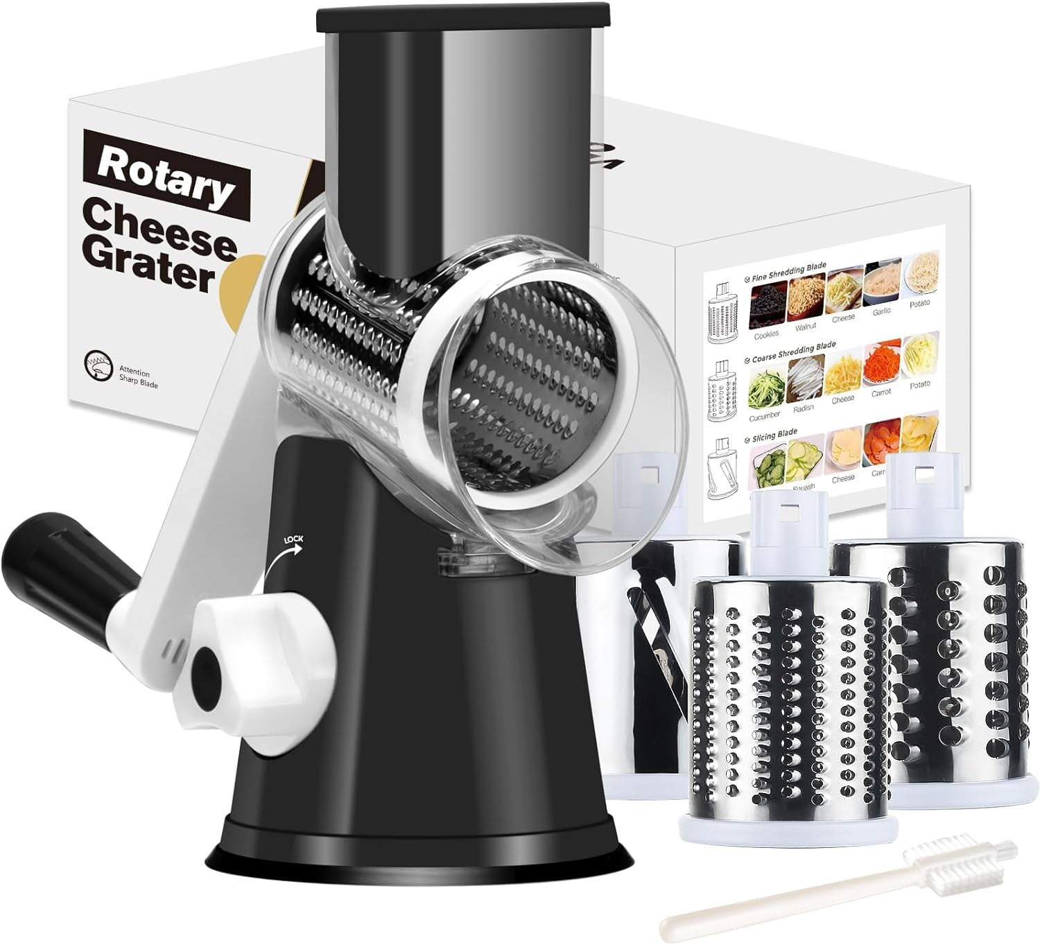Rotary Cheese Grater Cheese Shredder - Kitchen Manual Cheese Grater with Handle Vegetable Slicer Nuts Grinder 3 Replaceable Drum Blades and Strong Suction Base Free Cleaning Brush