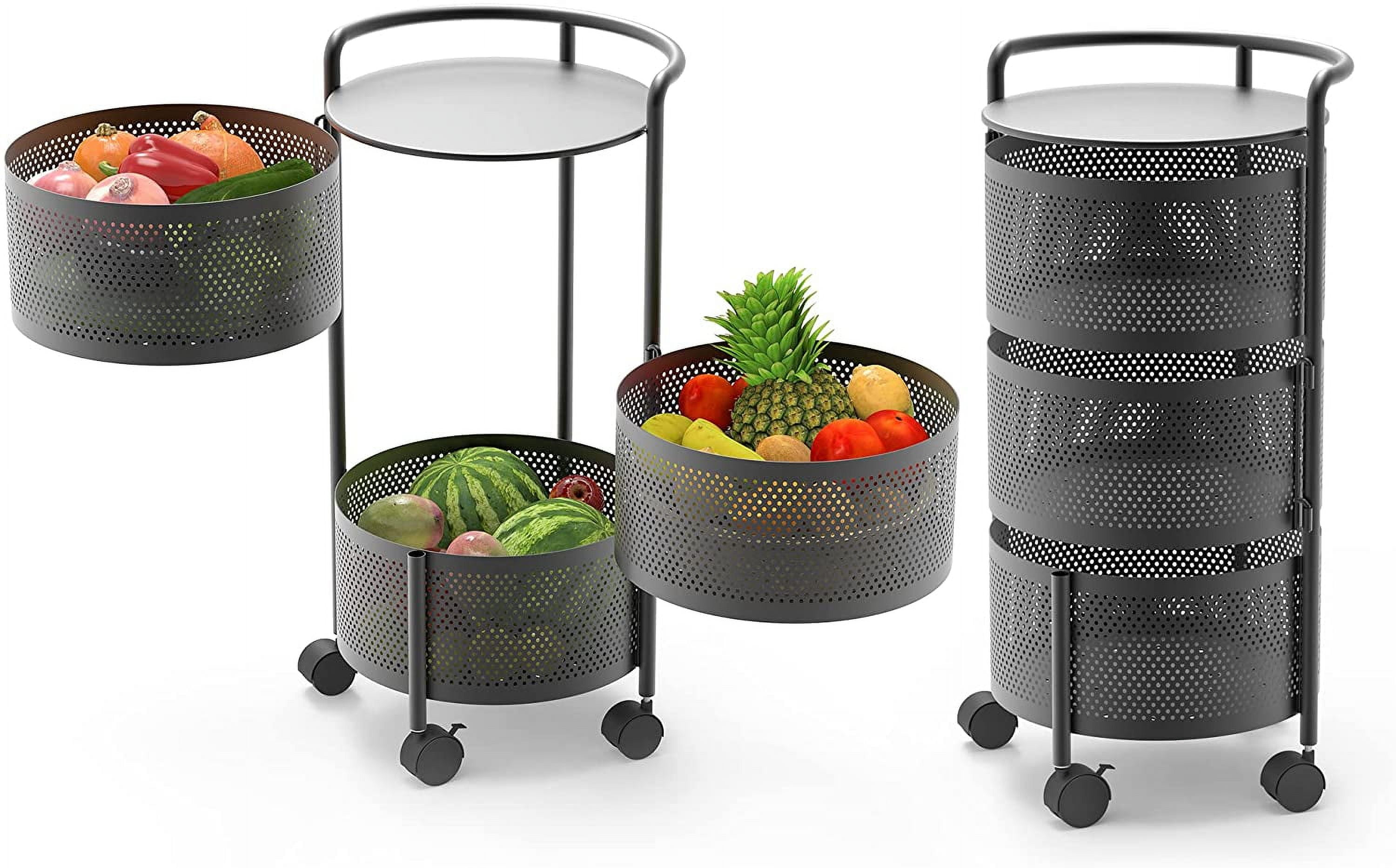 Rotating Kitchen Storage Rack No Assembly, 4-Tier Metal Storage Tower Basket Shelves Organizer on Rolling Wheels with Removal Drawers for Fruit Vegetable Grocery Corns Potato Onion (4-Tier, Black)