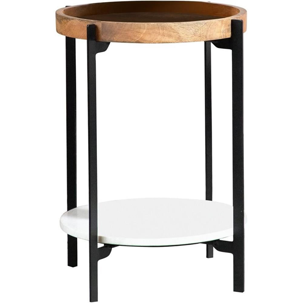 Round Accent Table with Marble Shelf Natural and Black