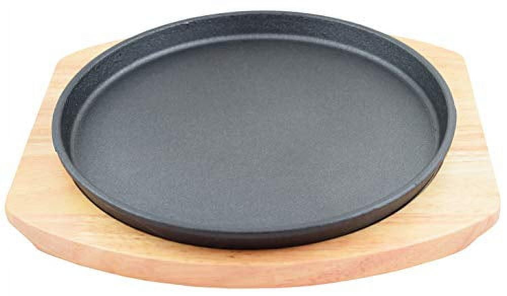 Round Cast Iron Set W/ Rubber Wood Underliner For Making Pizza, Sizzling meat (11.80")