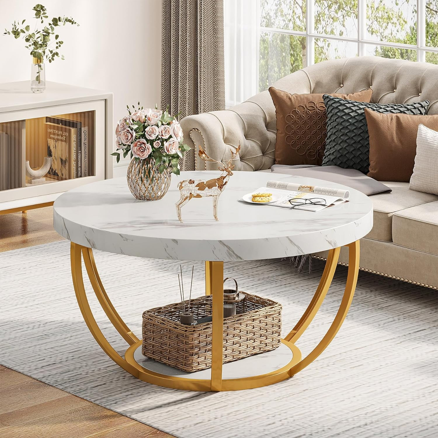 Kepooman Wooden Coffee Table, 2-Tier Round Central Cocktail Table with Shelves,White