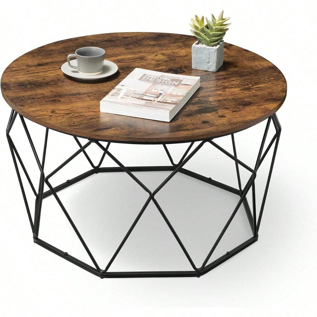 VASAGLE Round Coffee Table for Living Room, Cage Cocktail Table with Steel Frame, 31.5 Inches Dia., Industrial Style, Rustic Brown and Black ULCT040B01