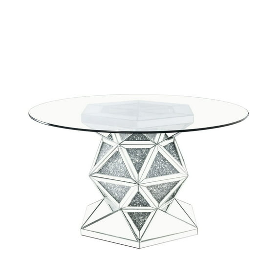 Round Dining Table with Faux Crystals Inlay and Pedestal Base Silver