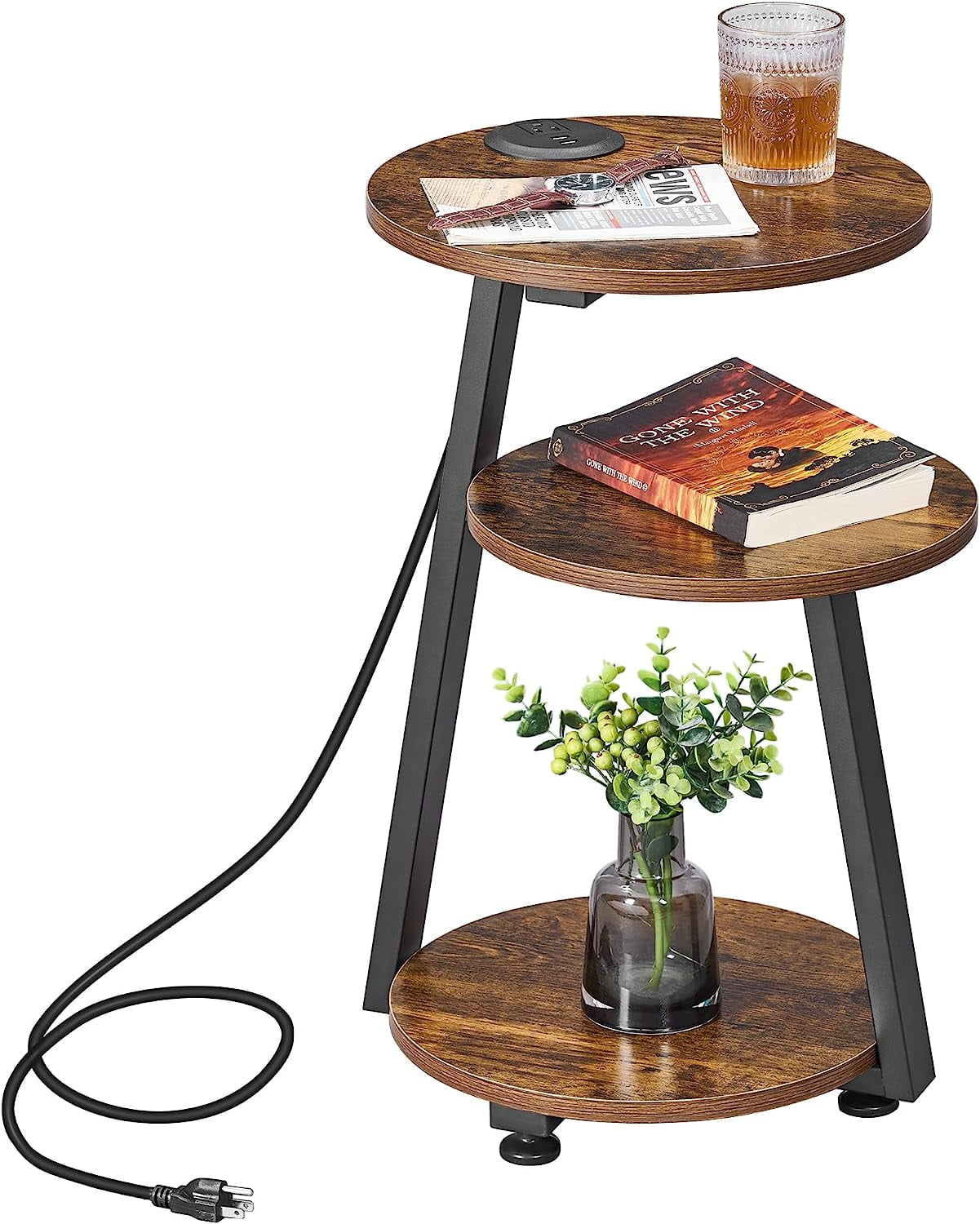 Round End Table with Charging Station, Accent Side Table Nightstand Bedside Table with 3-Tier Shelves for Living Room Bedroom Couch Table Small Coffee Table Rustic Brown