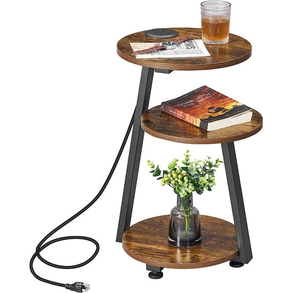 Round End Table with Charging Station, Accent Side Table Nightstand Bedside Table with 3-Tier Shelves for Living Room Bedroom Couch Table Small Coffee Table Rustic Brown