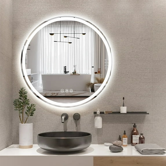 Round LED Bathroom Vanity Mirror with Lights 24 Inch Round LED Wall Mounted Mirror with Lights 3 CCT Dimmable LED Vanity Mirror Anti-Fog Dual Lighted LED Bathroom Mirror