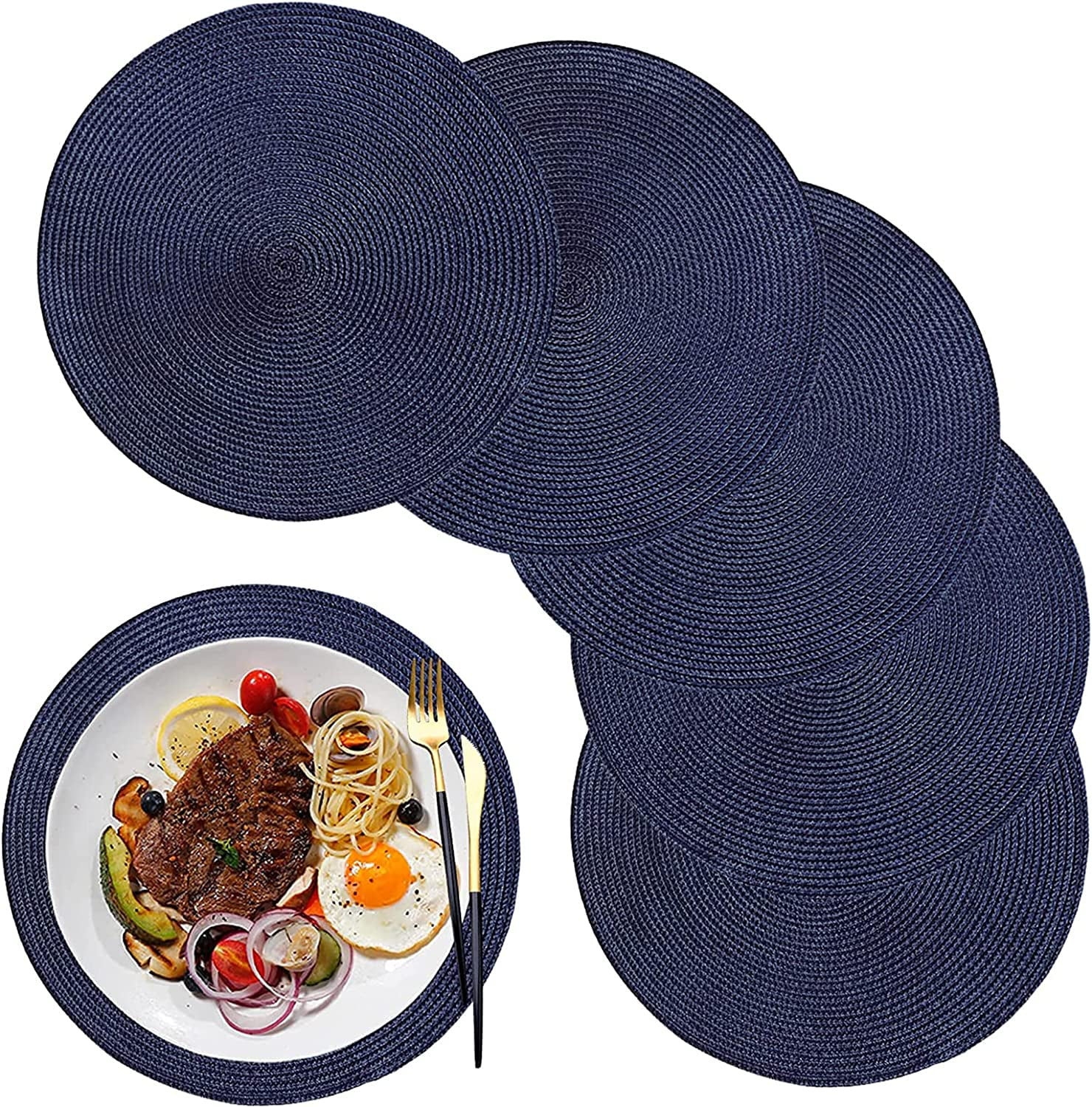 Round Placemats for Dining Table Set of 6,12.6 Inch Small Circle Placemats Washable Heat Resistant Non Slip Round Table Mats for Kitchen Table,Navy Blue