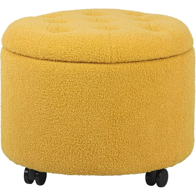 Round Storage Ottoman with Casters, Teddy Velvet Button Tufted Foot Rest Stool for Living Room Bedroom