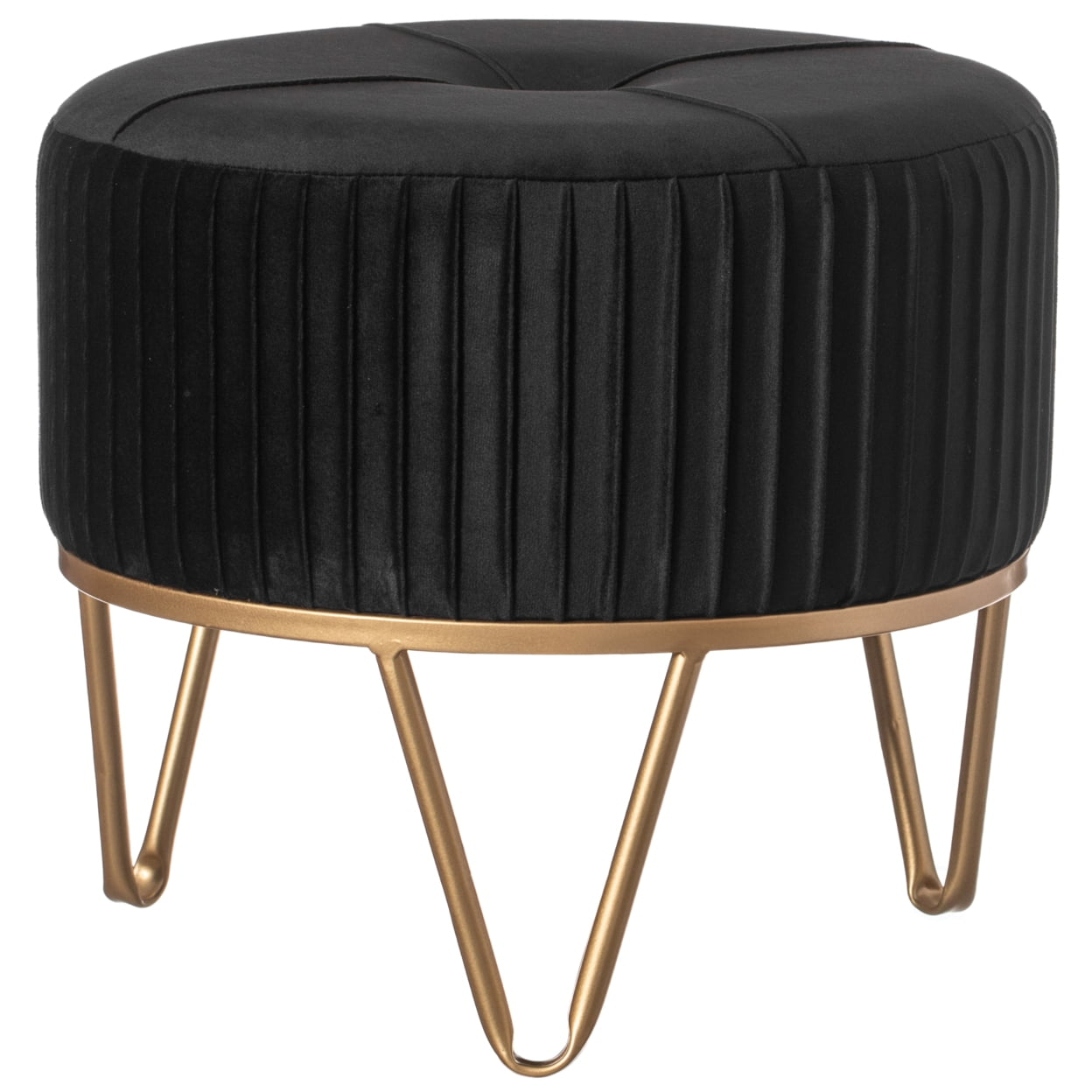 Fabulaxe Round Velvet Ottoman Stool Raised with Hairpin Gold Base, Black, Large