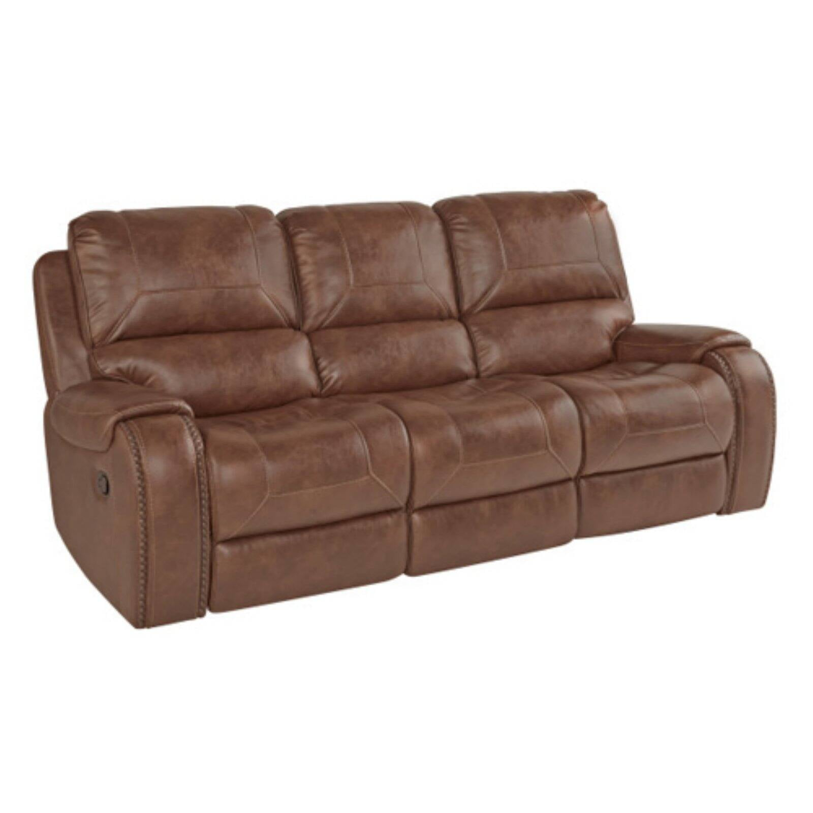 Roundhill Furniture Achern Brown Leather Nailhead Manual Reclining Sofa with Storage Console and USB Port