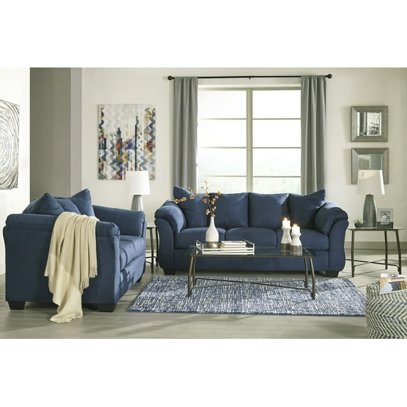Roundhill Furniture Aruca Navy Blue Microfiber Pillow Back Sofa and Loveseat Set