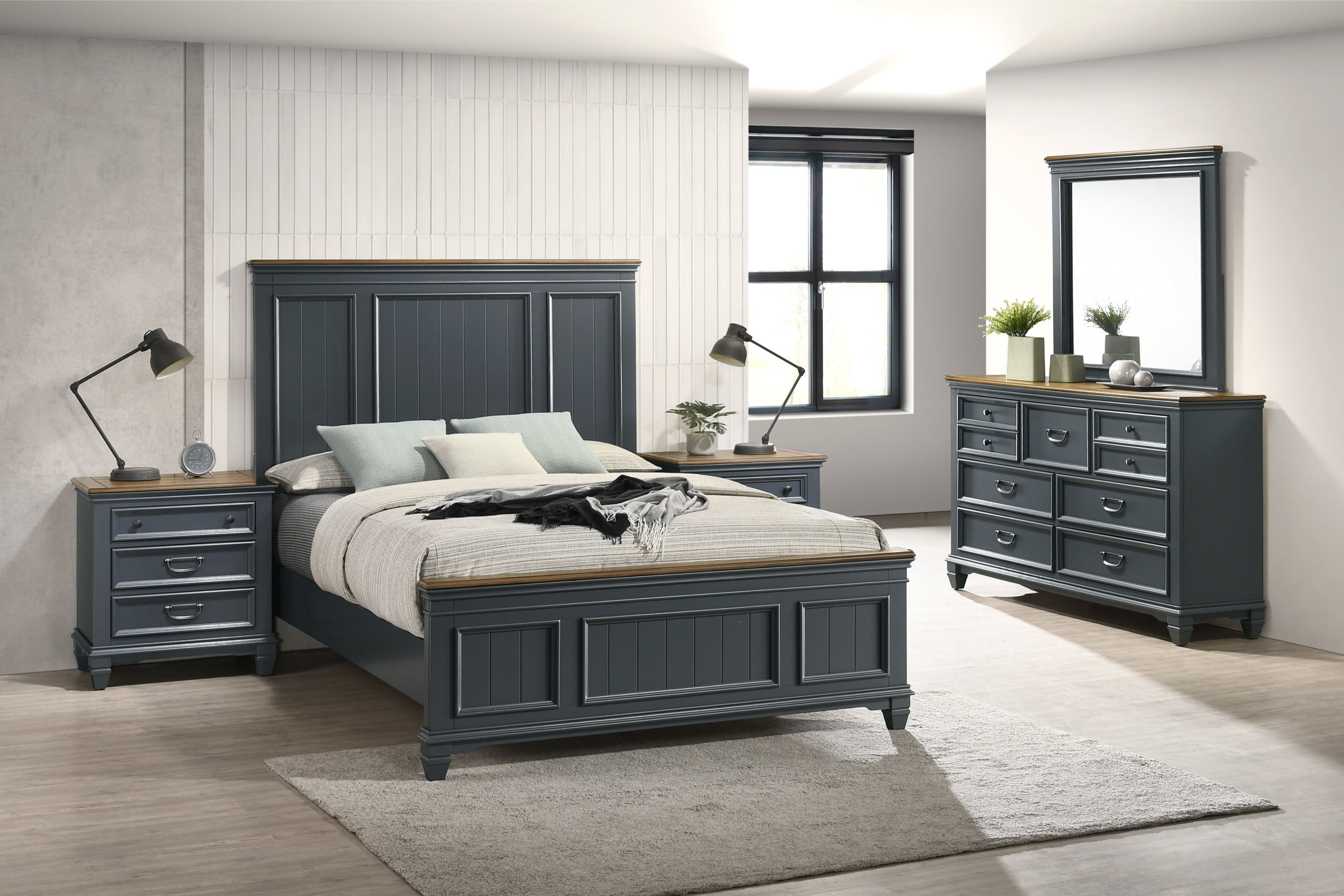 Roundhill Furniture Clelane Wood Bedroom Set with Shiplap Panel Queen Bed, Dresser, Mirror, and Two Nightstands in Slate Blue