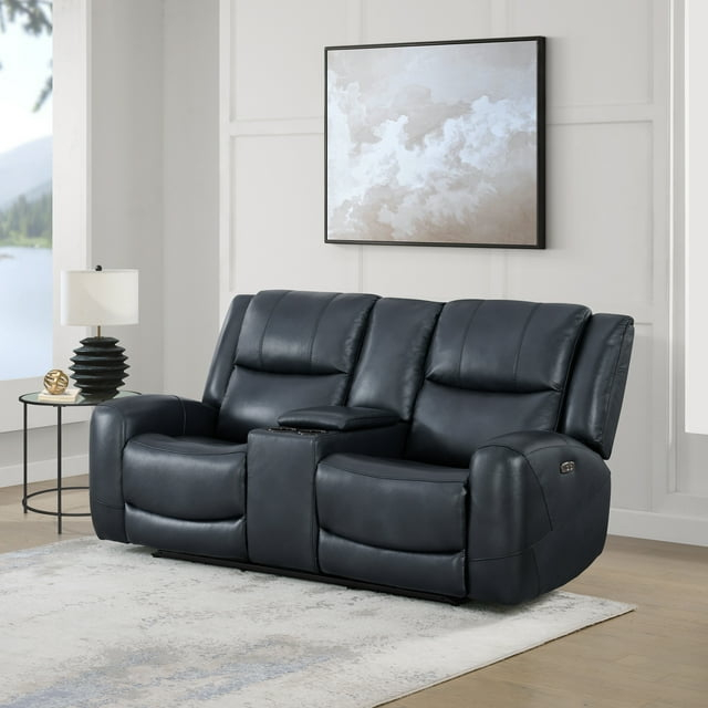 Roundhill Furniture Cozura Leather Power Dual Recling Loveseat with Console, Chesapeake Blue