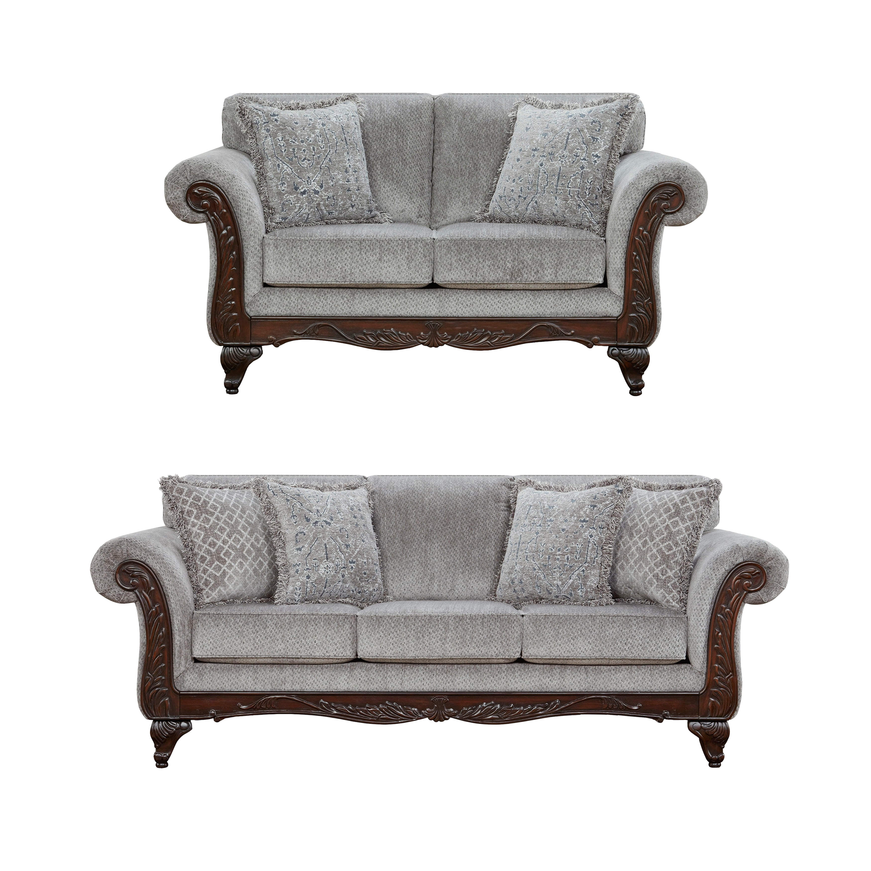 Roundhill Furniture Hernen Carved Wood Frame Polyester Sofa and Loveseat Set, Gray