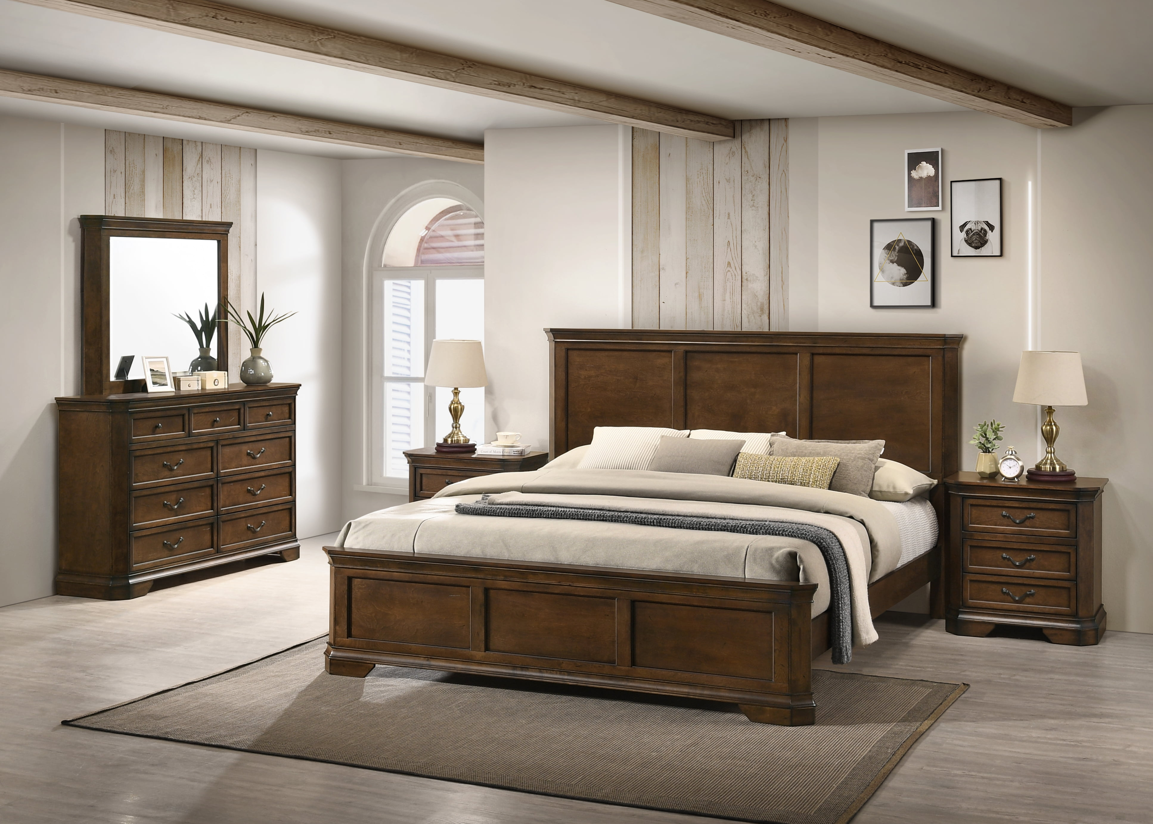Roundhill Furniture Maderne 6-Piece Traditional Bed Set, King Size, Antique Walnut Finish