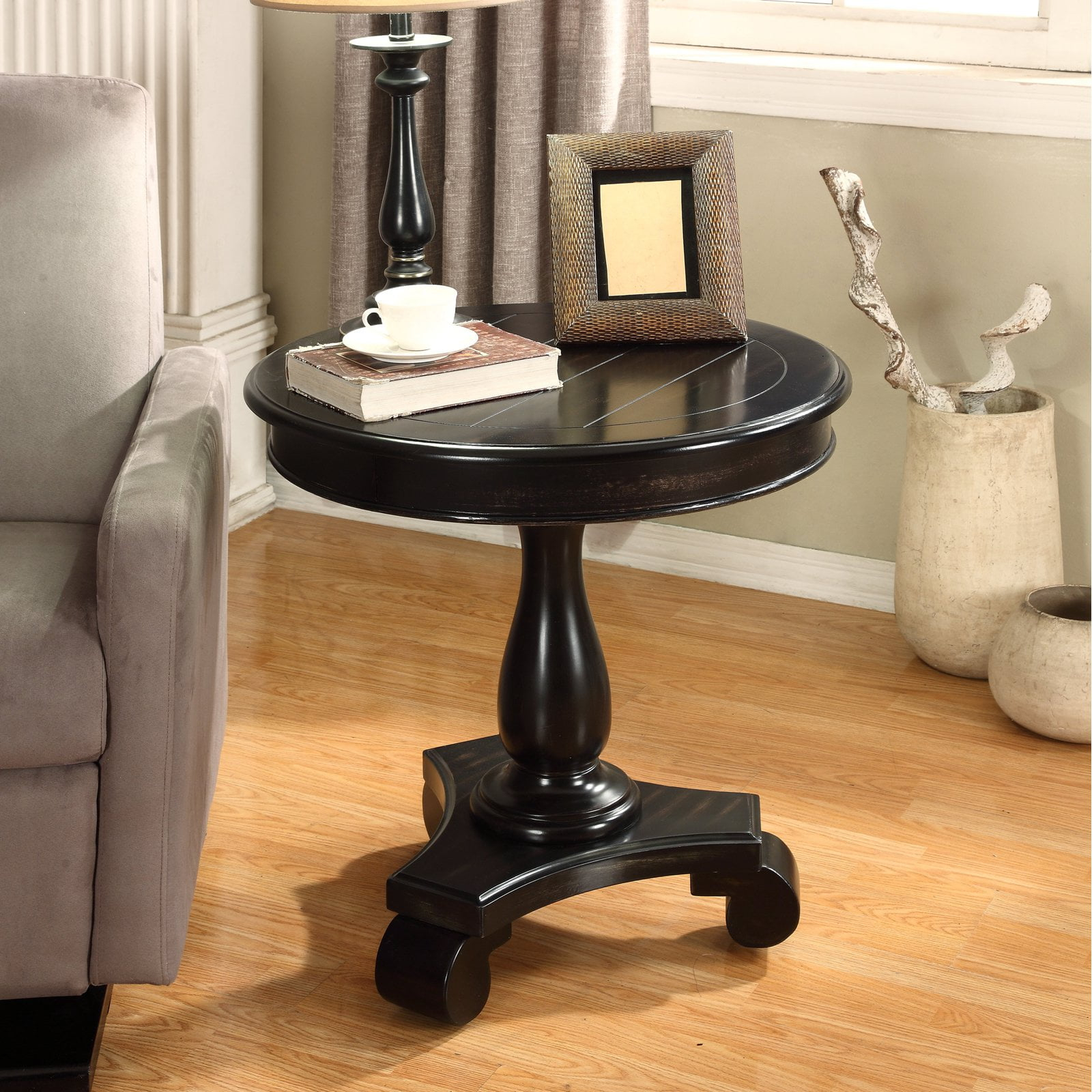 Roundhill Furniture Rene Round Wood Pedestal Side Table, Black
