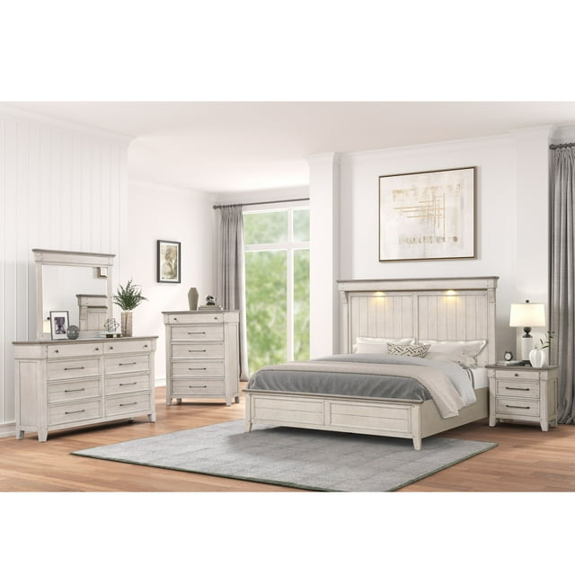 Roundhill Furniture Walcott 5-Piece Bedroom Set with Touch LED Lighting, Weathered Dusty-taupe Finish, King