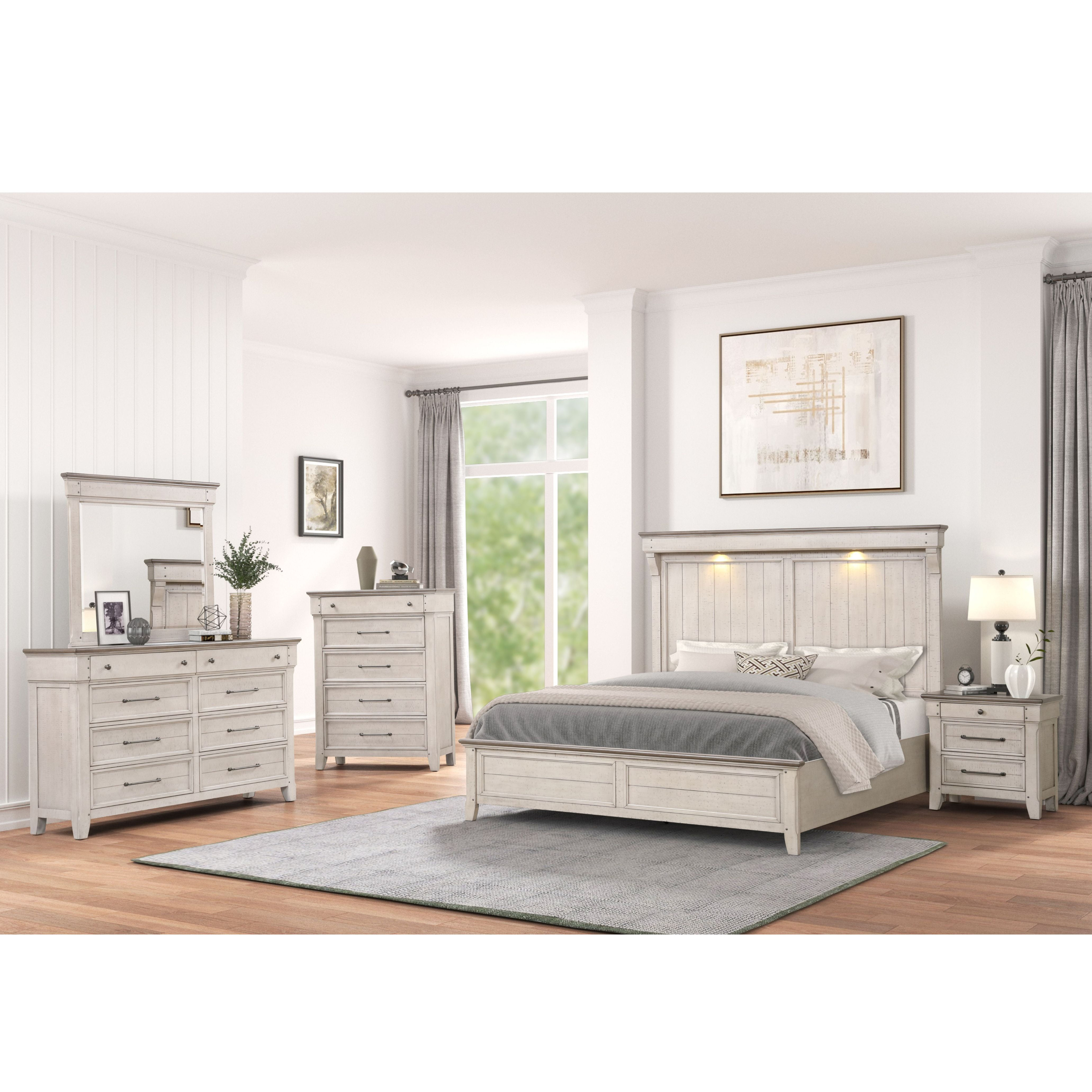 Roundhill Furniture Walcott 5-Piece Bedroom Set with Touch LED Lighting, Weathered Dusty-taupe Finish, Queen