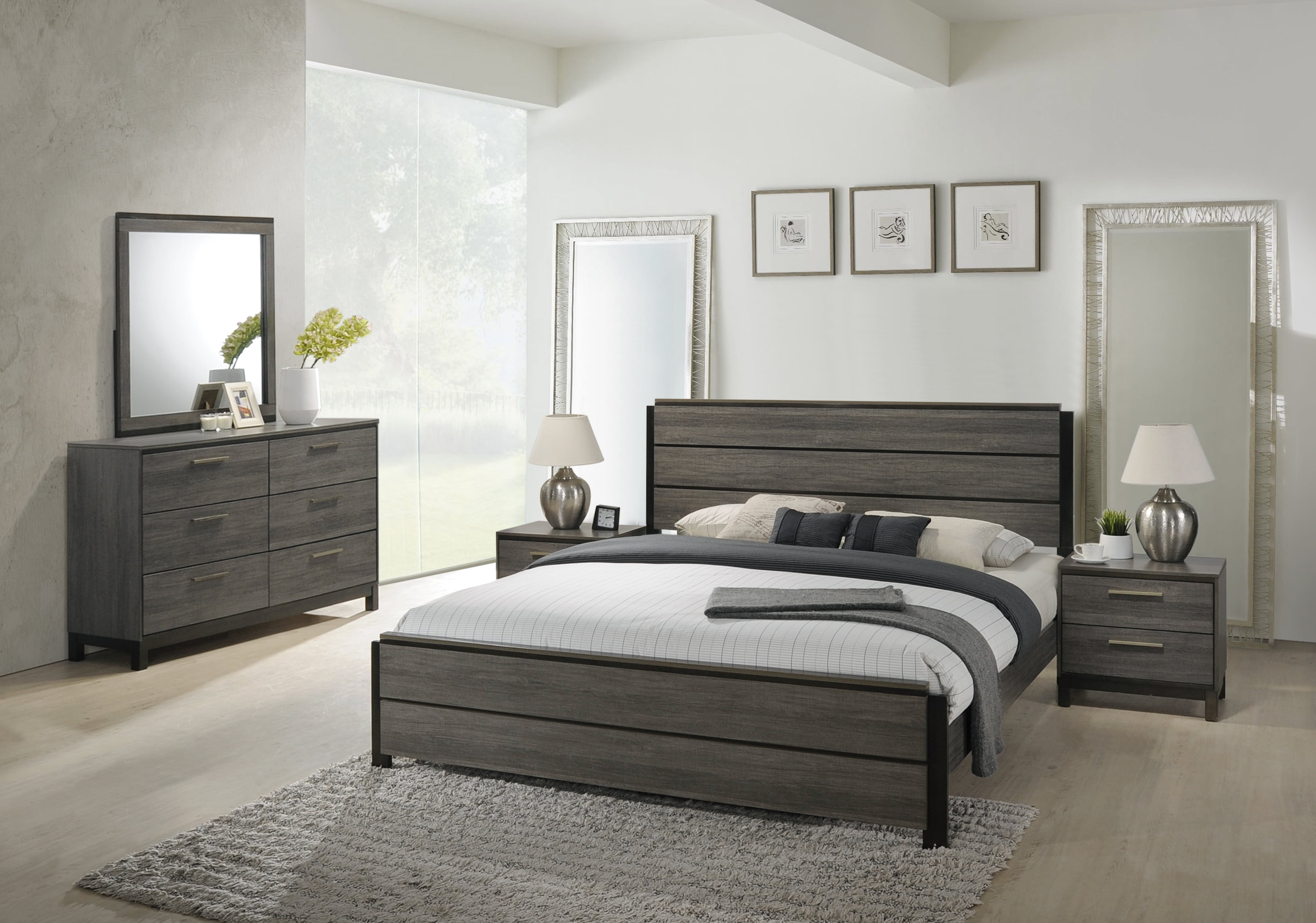Roundhill Ioana Antique Grey Finish Wood Bed Room Set, King Size Bed, Dresser, Mirror, 2 Night Stands