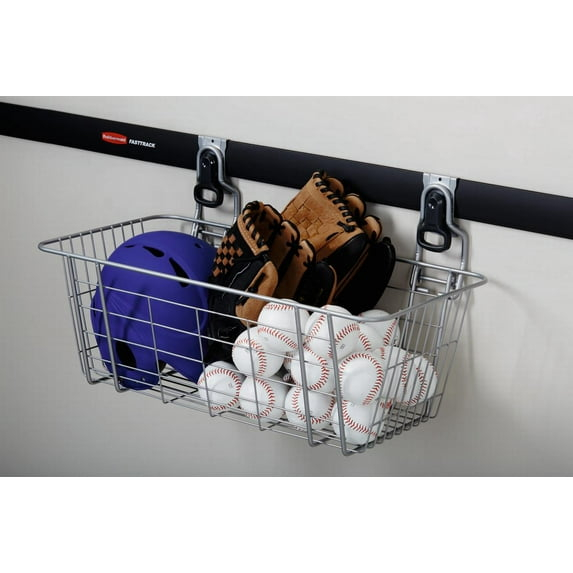 Rubbermaid Garage FastTrack Rail 24 in. Wire Basket, Storage Organizer, Satin Nickel
