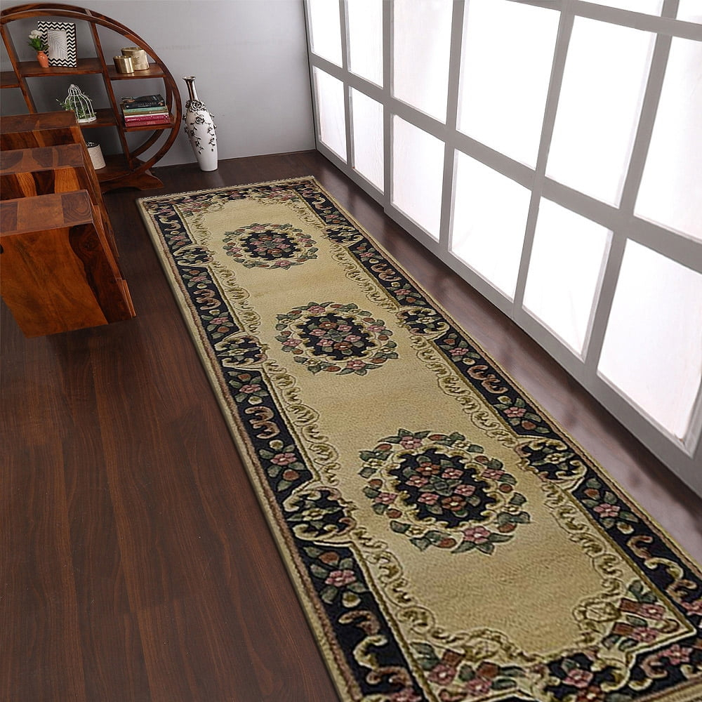Rugsotic Carpets Hand Knotted Aras, Oriental Wool Runner Area Rug, Ivory,Blue, 2'6''X10'